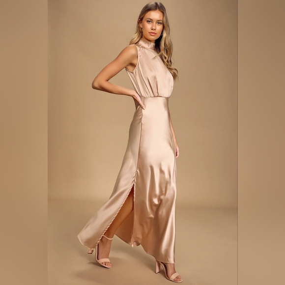 Classic Elegance Blush Satin Sleeveless Mock Neck Maxi Dress - Picture 2 of 9